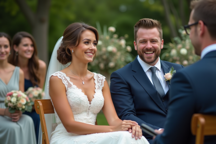 mariage-jolie-couple-garden Jeune couple de mariés riant lors d'une cérémonie en plein air