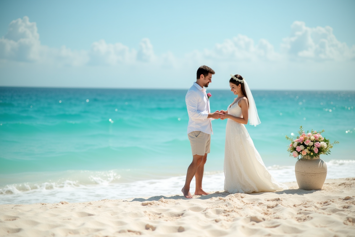 Couple échangeant leurs vœux sur une plage méditerranéenne ensoleillée