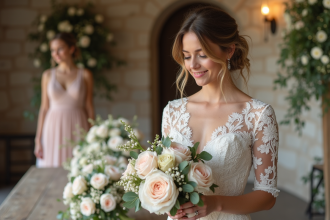 Jeune mariée en robe de dentelle arrangeant un bouquet de pivoines blanches