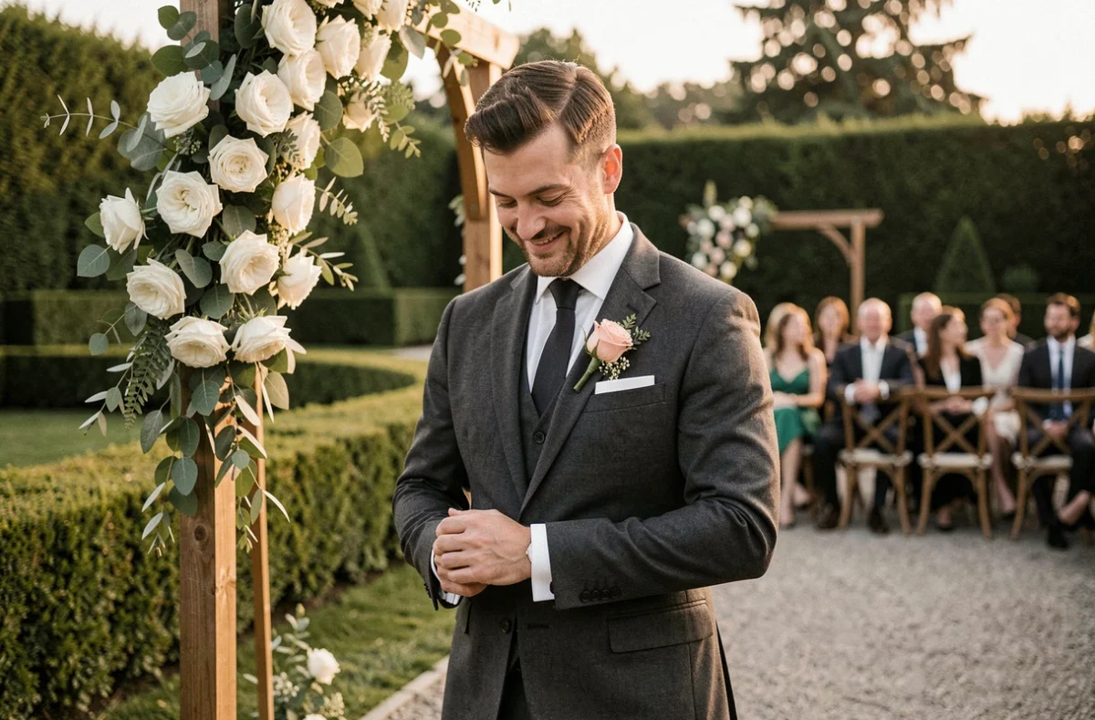 Marié en costume gris anthracite souriant près d'un arche de fleurs blanches dans un jardin de mariage