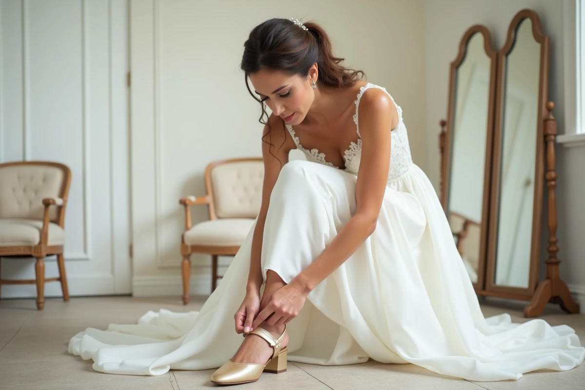 Mariée enfilant une chaussure dorée confortable à talon bas avec bout large dans une salle de préparation