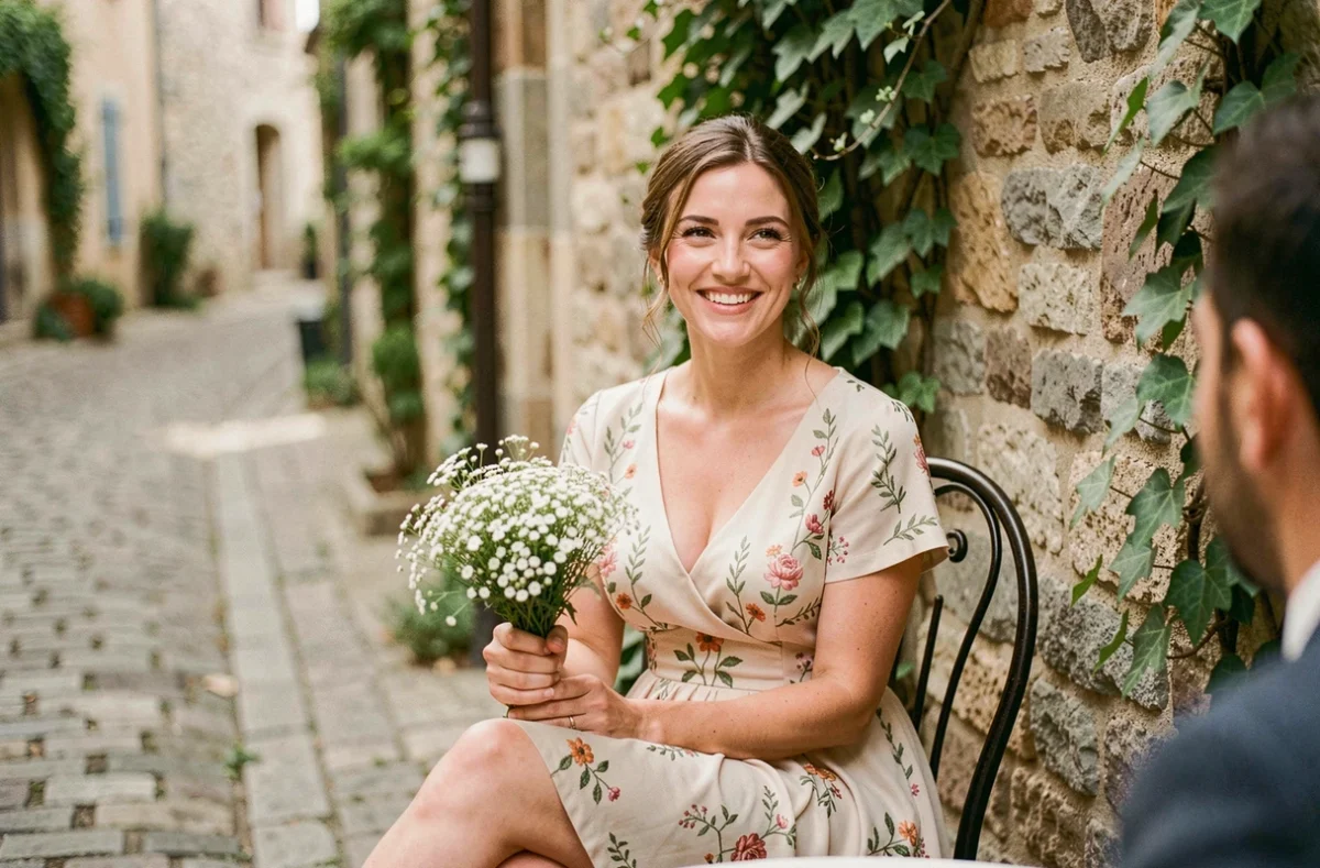Mariée en robe de mariage civil courte en mousseline fleurie assise à une terrasse de village français