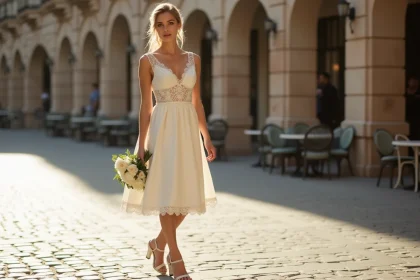 Mariée en robe courte ivoire en satin dans une place pavée européenne avec bouquet de pivoines blanches