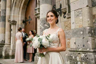 Mariée en robe de satin ivoire devant une église en pierre lors d'un mariage élégant en France