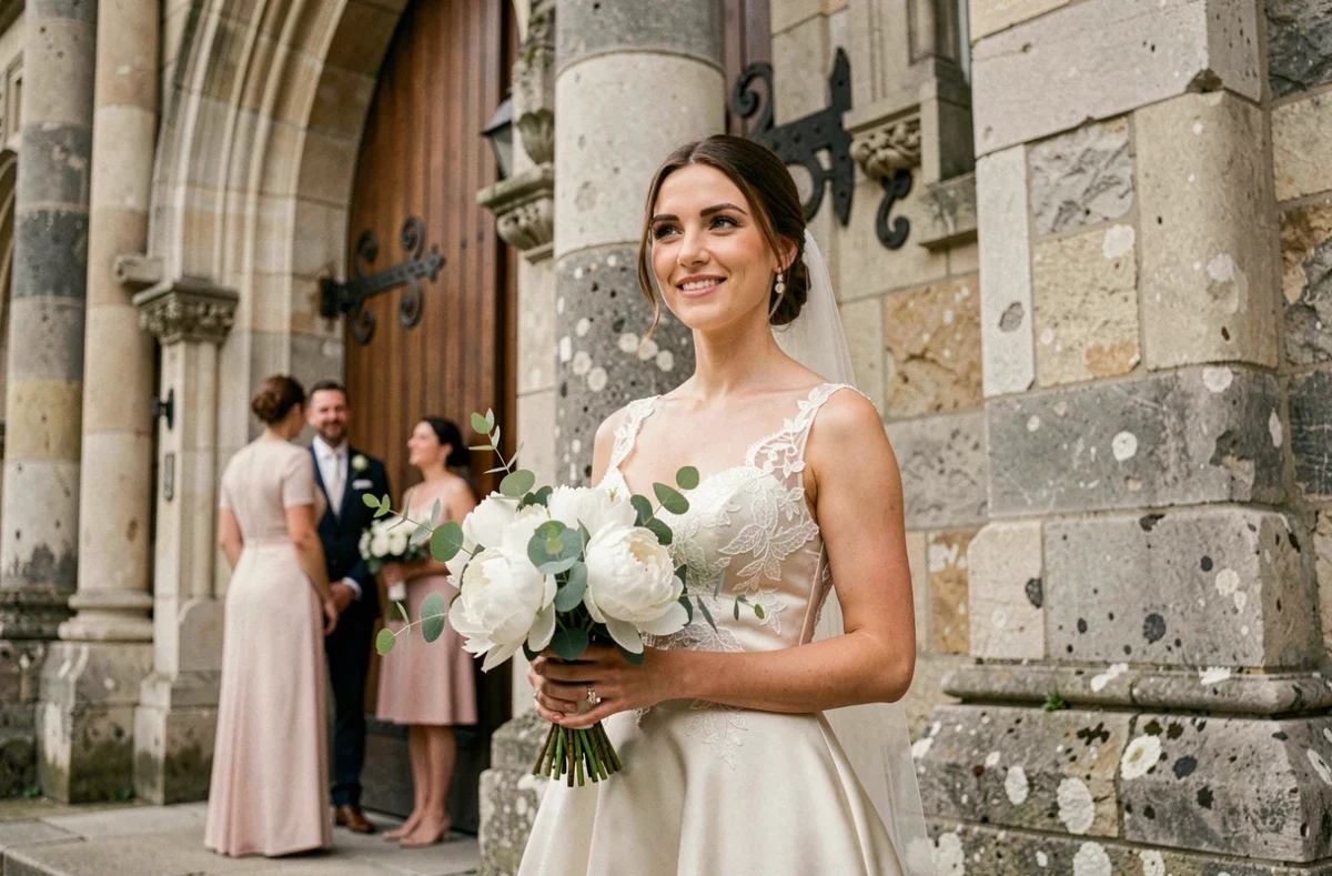 Mariée en robe de satin ivoire devant une église en pierre lors d'un mariage élégant en France