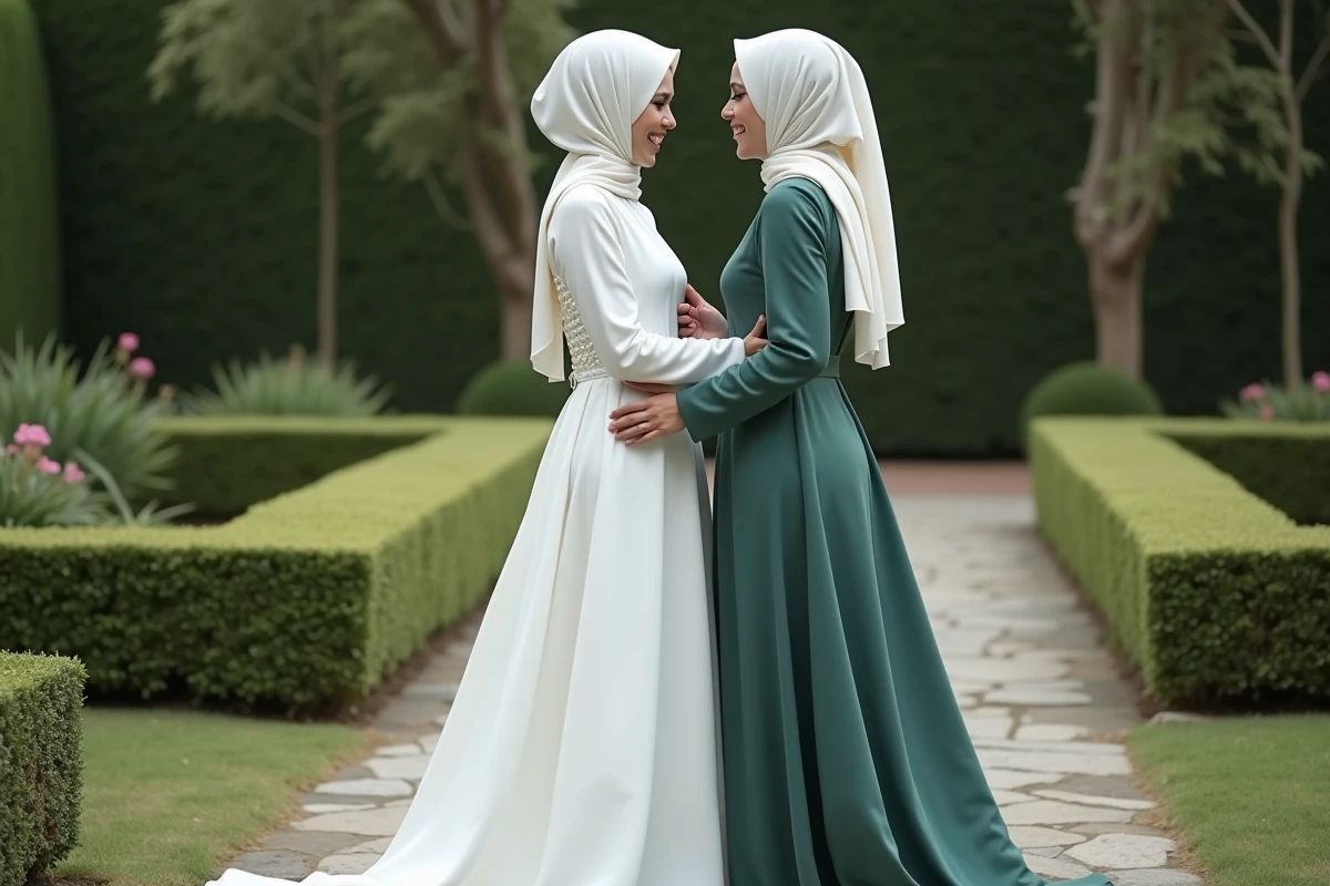 Mariée voilée en robe blanche et demoiselle d'honneur en vert sauge dans un jardin lors d'une cérémonie de mariage