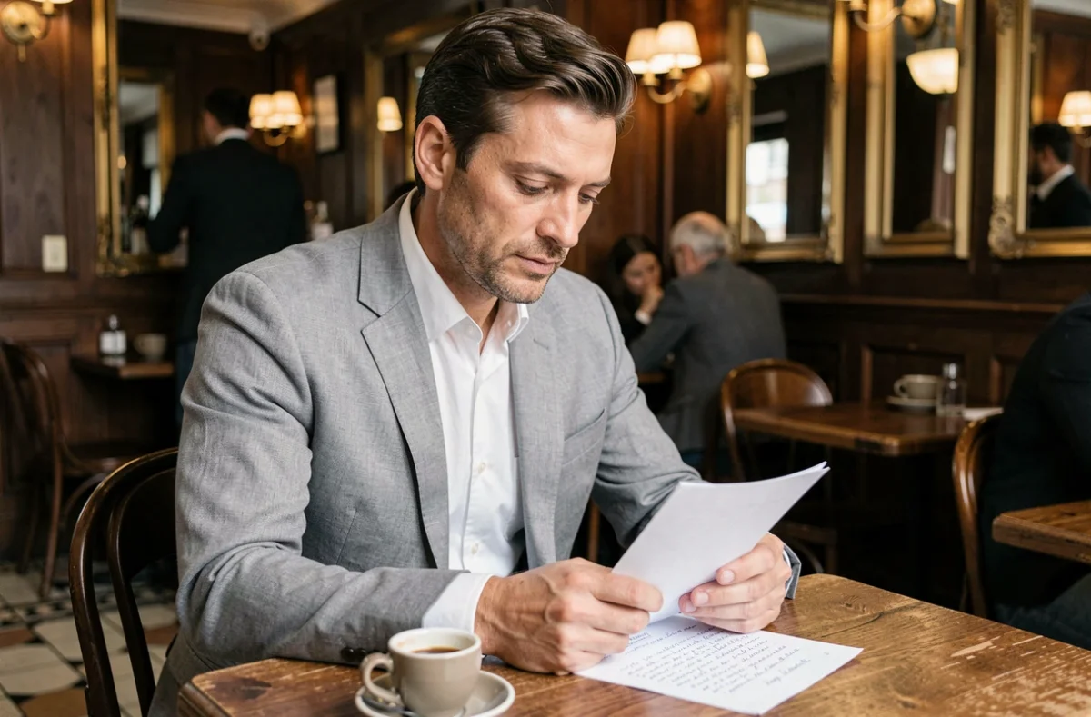 Homme intellectuel en blazer gris attablé dans une brasserie parisienne, image éditoriale associée à la personnalité médiatique Mathieu Bock-Côté