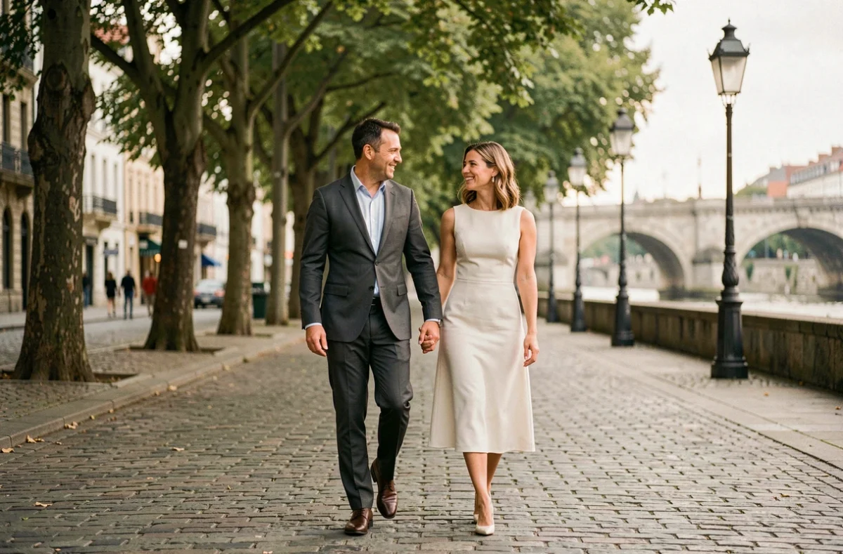 Couple élégant marchant sur une promenade en pavés dans une ville européenne, évoquant une cérémonie de mariage ou une rumeur nuptiale médiatique