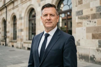 Portrait d'un homme élégant en costume marine devant un bâtiment historique, illustrant un article sur Mathieu Bock-Côté et les rumeurs de mariage
