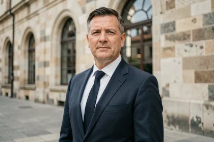 Portrait d'un homme élégant en costume marine devant un bâtiment historique, illustrant un article sur Mathieu Bock-Côté et les rumeurs de mariage
