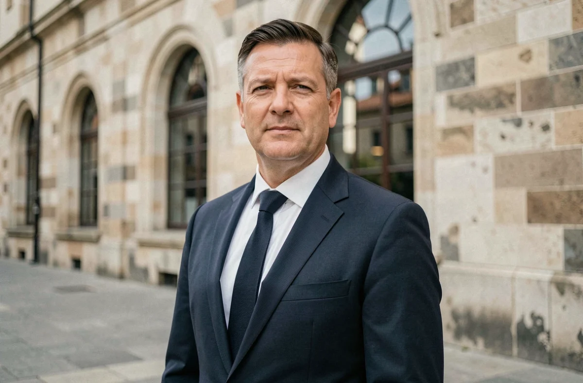 Portrait d'un homme élégant en costume marine devant un bâtiment historique, illustrant un article sur Mathieu Bock-Côté et les rumeurs de mariage