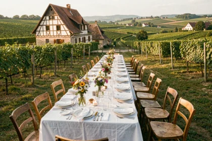 Réception de mariage élégante en plein air en Alsace avec tables dressées, vaisselle fine et vignobles du Bas-Rhin en arrière-plan