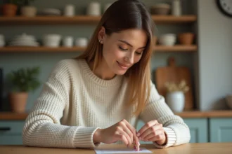 Femme mesurant son tour de doigt à la maison avec une bandelette de papier enroulée autour du doigt