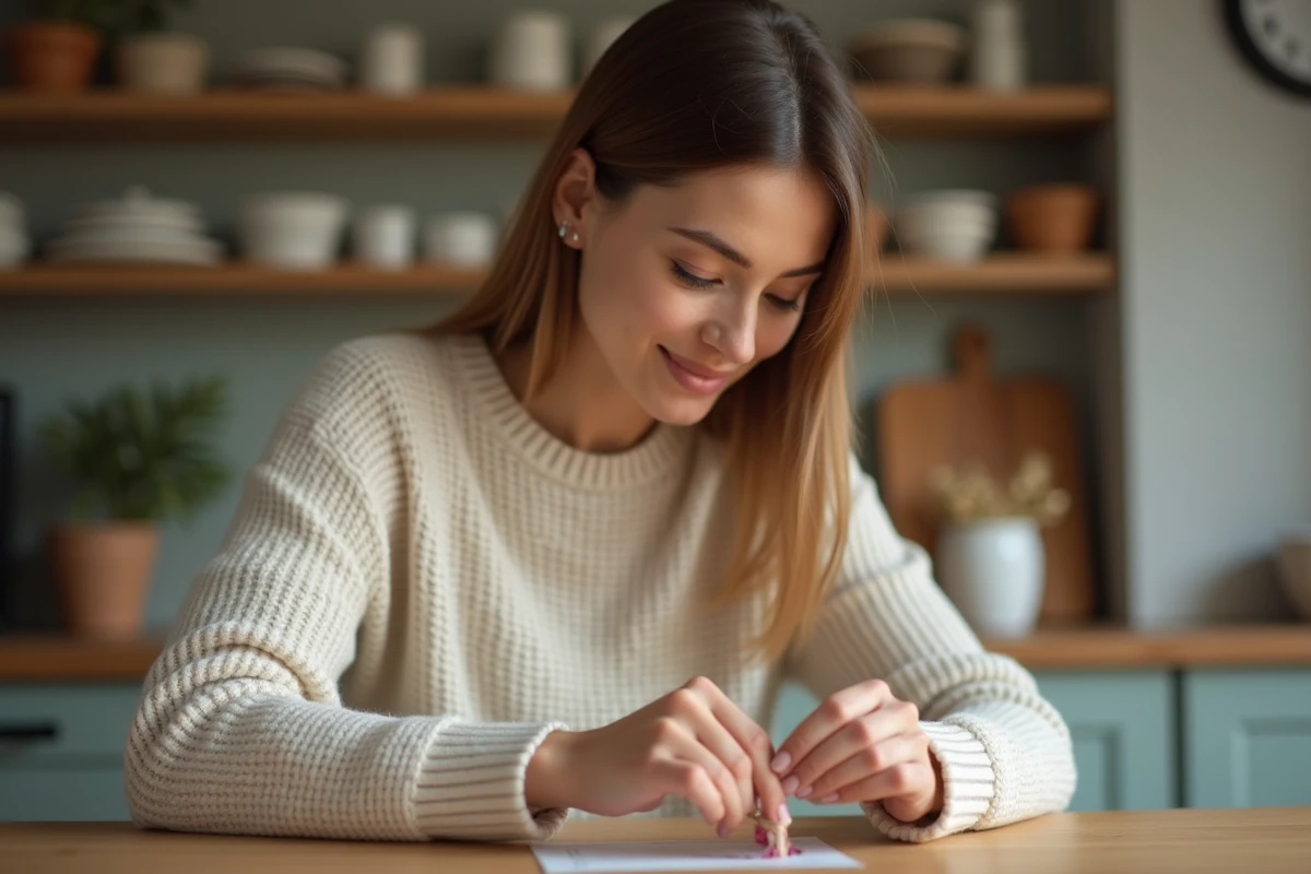 Femme mesurant son tour de doigt à la maison avec une bandelette de papier enroulée autour du doigt