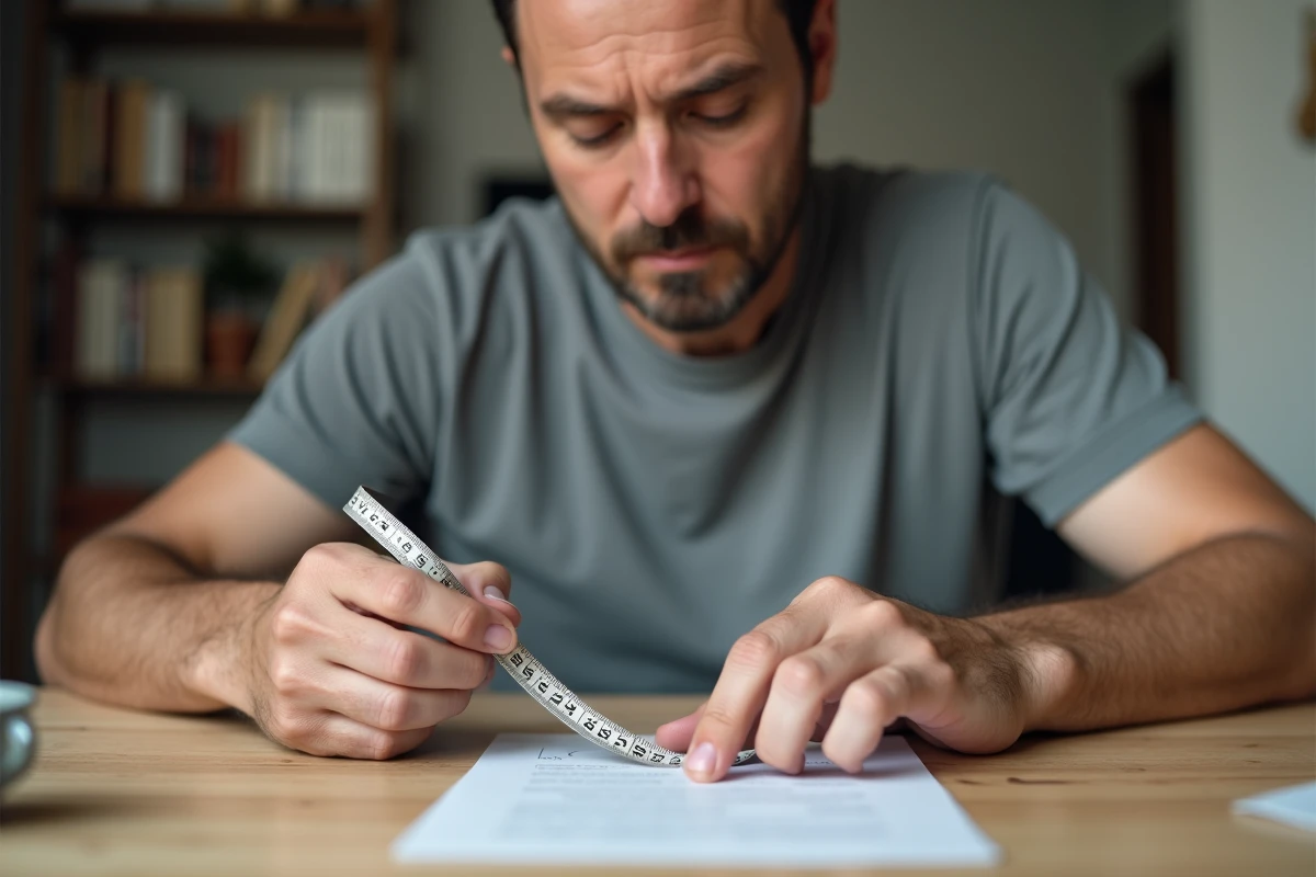 Homme mesurant son tour de doigt avec un mètre ruban souple et une feuille de notes sur un bureau