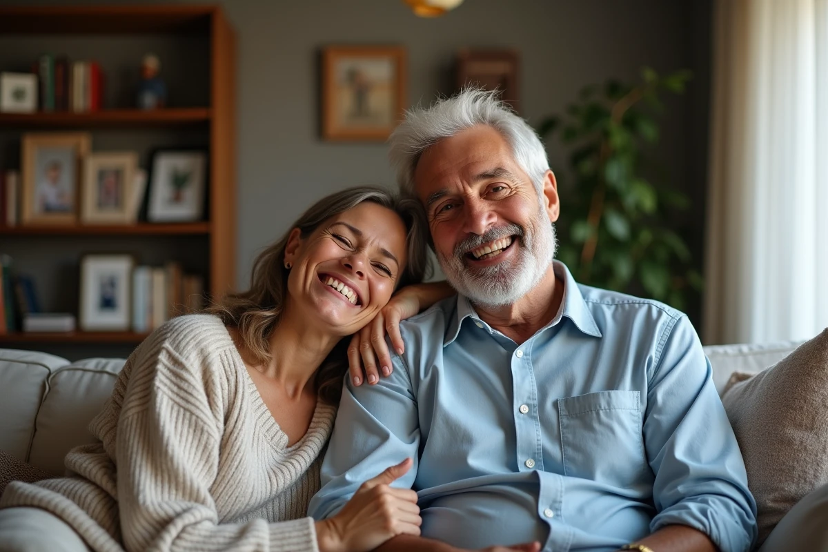Couple à la maison partageant un rire complice