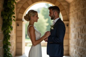 Mariés partageant un moment intime dans un couloir de château français avant la cérémonie de mariage