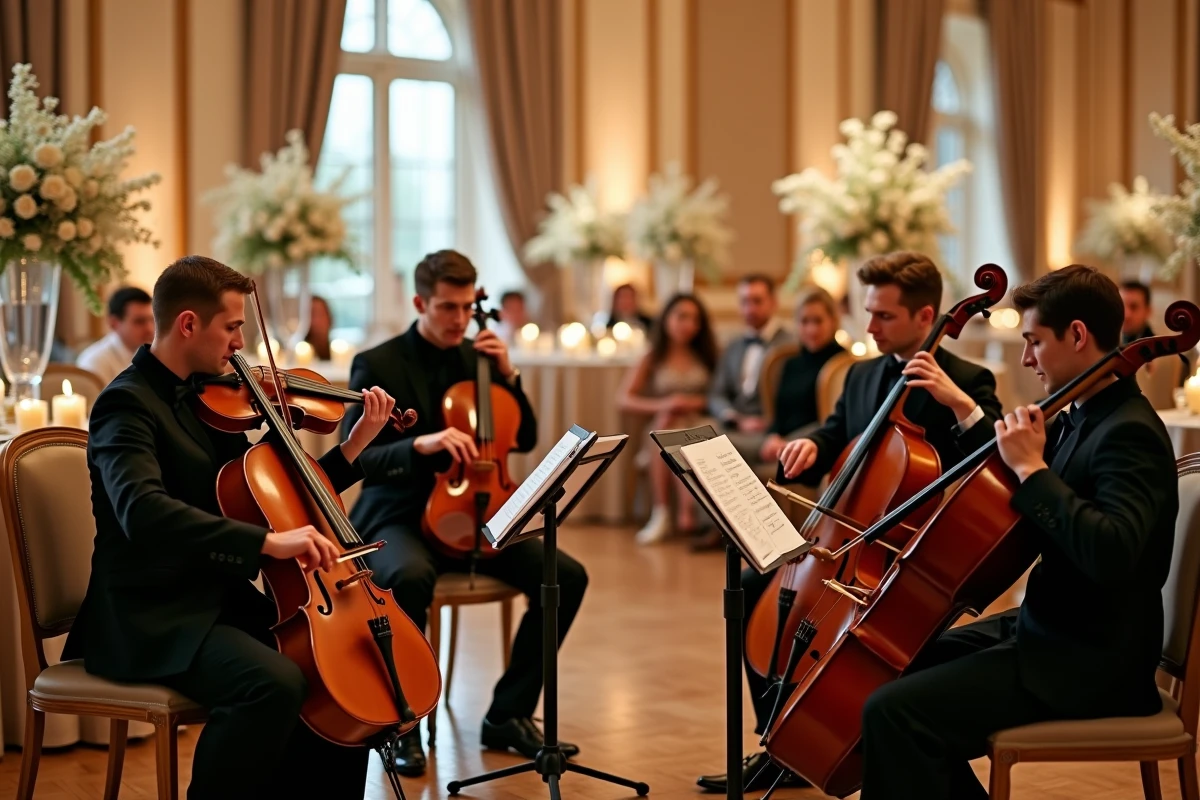 Quatuor à cordes jouant en direct lors d'une réception de mariage dans une salle décorée avec élégance