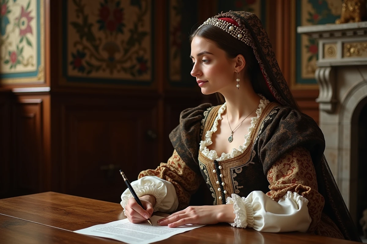 Dame Tudor en robe ornée écrivant une lettre dans une chambre richement décorée