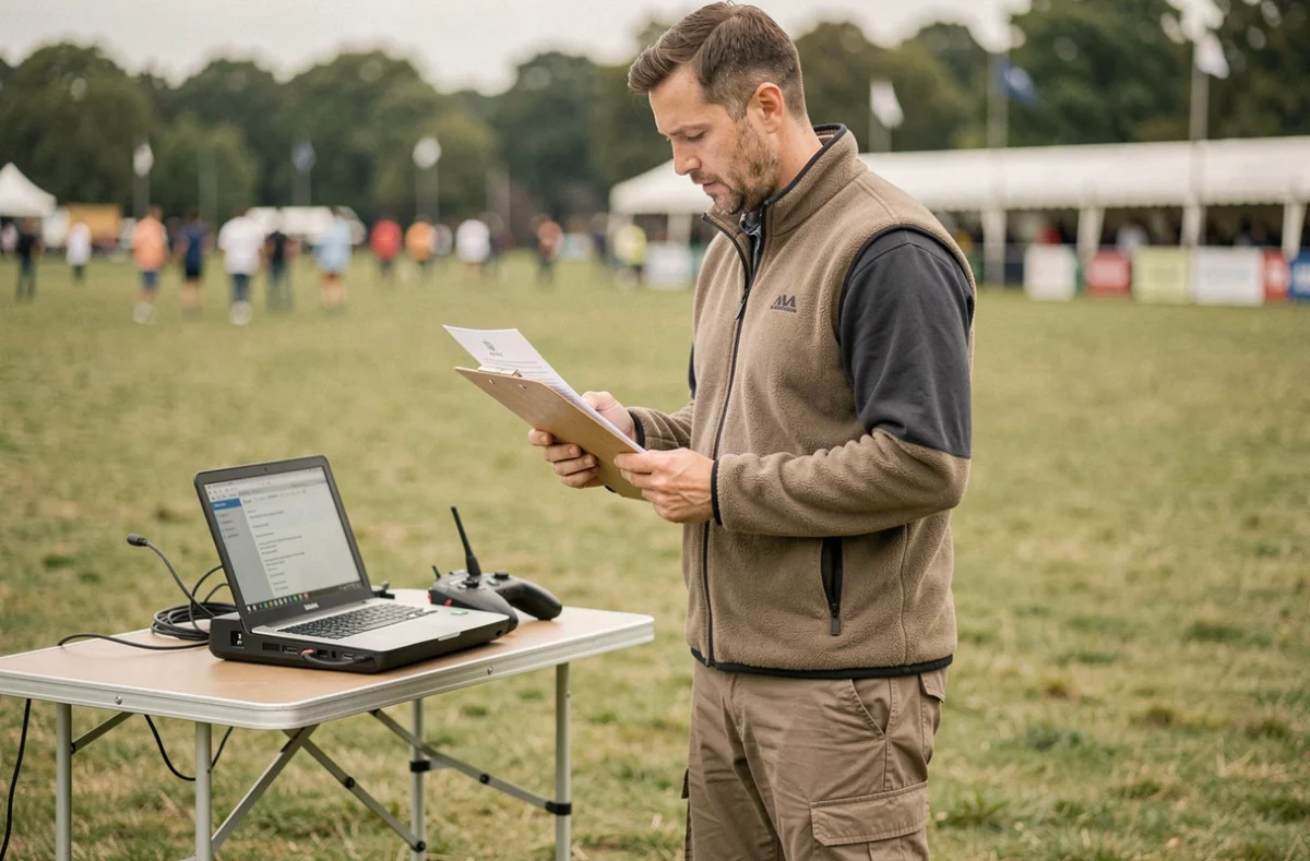 Organisateur d'événement consultant des documents d'autorisation pour un spectacle de drones sur un terrain extérieur