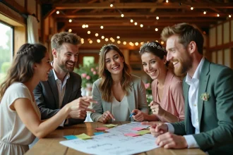 Groupe de témoins et proches réunis autour d'une table rustique pour organiser les jeux d'un mariage dans une grange décorée