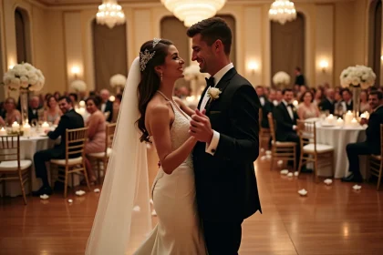 Couple de mariés dansant leur première danse sur une piste en bois lors d'une réception de mariage élégante