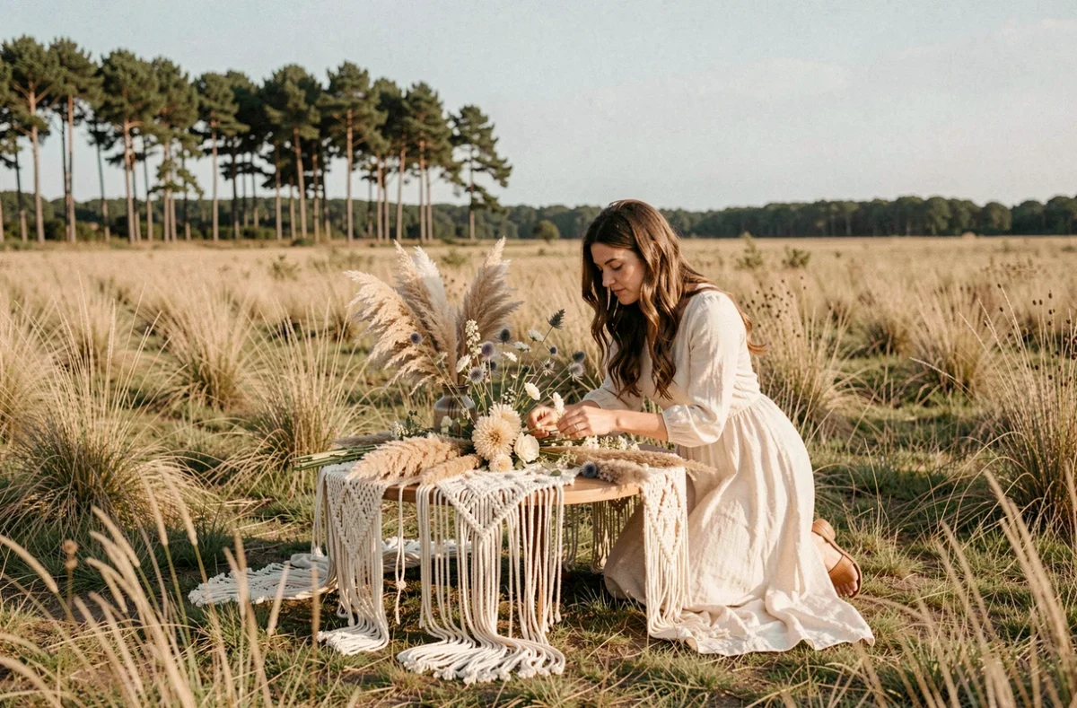 Wedding planner de Pampa & Chardon arrangeant une décoration bohème en pampas et chardons dans une prairie des Landes