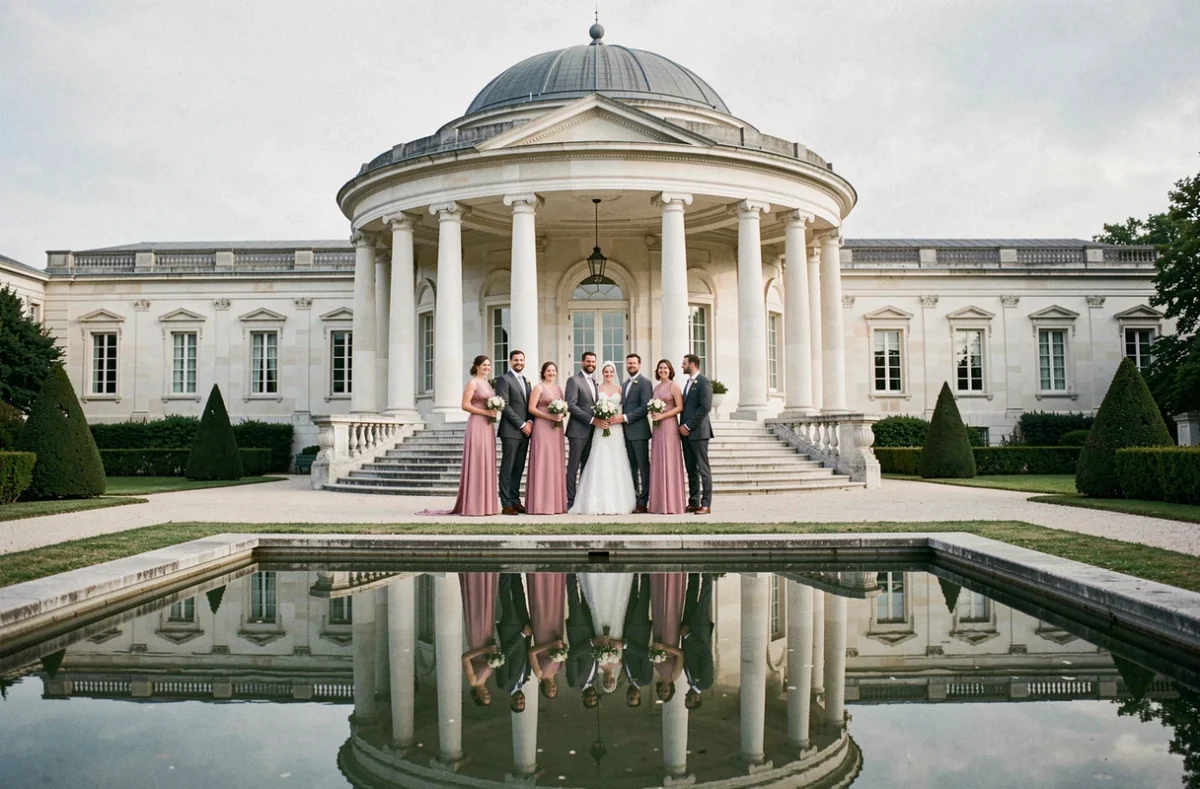 Pavillon de la Rotonde près de Lyon avec cortège de mariage sur les marches de la rotonde néoclassique et reflet dans le bassin ornemental