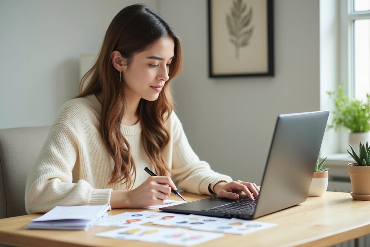 Femme personnalisant des jeux EVJF à imprimer sur son ordinateur portable avec des modèles de cartes imprimés sur le bureau