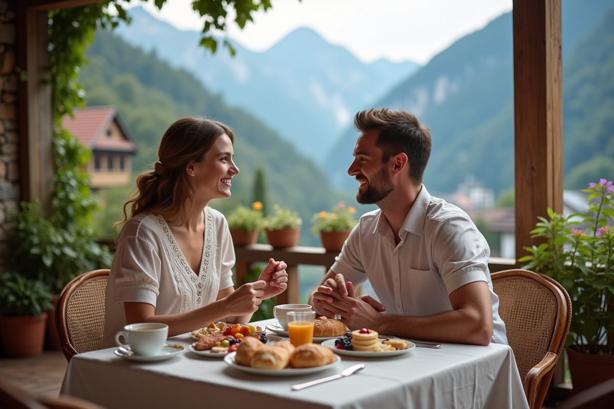 Jeune couple au petit déjeuner avec vue sur la montagne