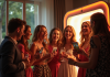 Groupe d'amis utilisant une borne photo moderne lors d'un mariage élégant