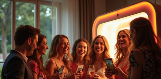 Groupe d'amis utilisant une borne photo moderne lors d'un mariage élégant