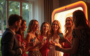 Conseils pour l’emplacement des photos dans le PhotoBooth : où les disposer pour un résultat optimal ? Groupe d'amis utilisant une borne photo moderne lors d'un mariage élégant