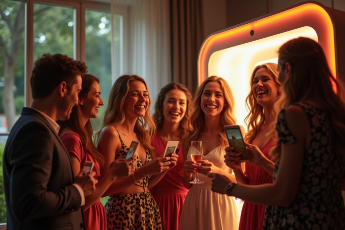 Groupe d'amis utilisant une borne photo moderne lors d'un mariage élégant