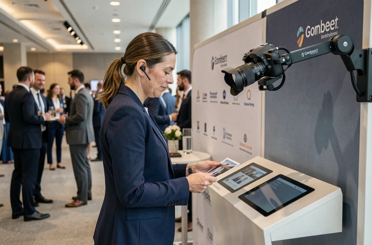 Coordinatrice d'événement d'entreprise debout à côté d'un photobooth premium avec logo de marque dans un centre de conférence moderne