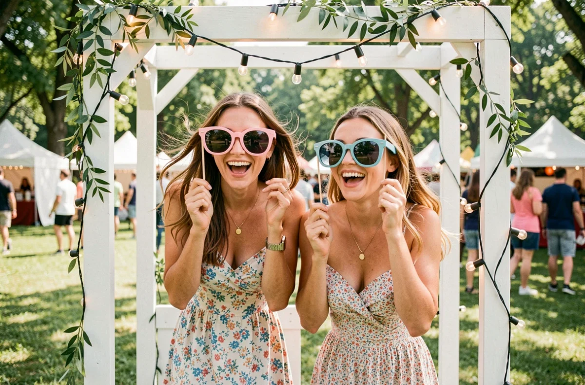 Deux jeunes femmes riant dans un photobooth premium en plein air lors d'un festival estival avec décor végétal et accessoires fantaisie