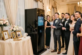 Photobooth premium élégant installé lors d'une réception de mariage avec des invités en tenue formelle et des accessoires dorés