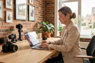 Photographe professionnelle à Bruz consultant un devis en ligne dans son studio équipé