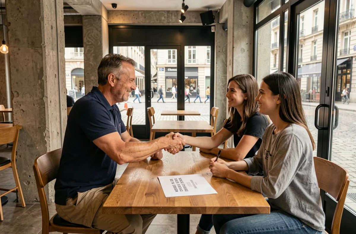 Photographe à Bruz discutant d'un devis avec des clients dans un café