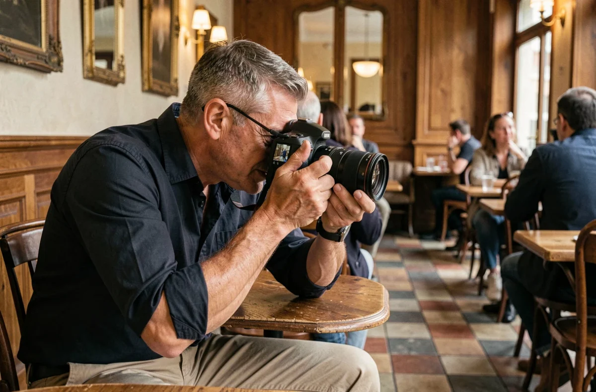 Photographe masculin consultant ses photos dans un café traditionnel du centre de Bourges
