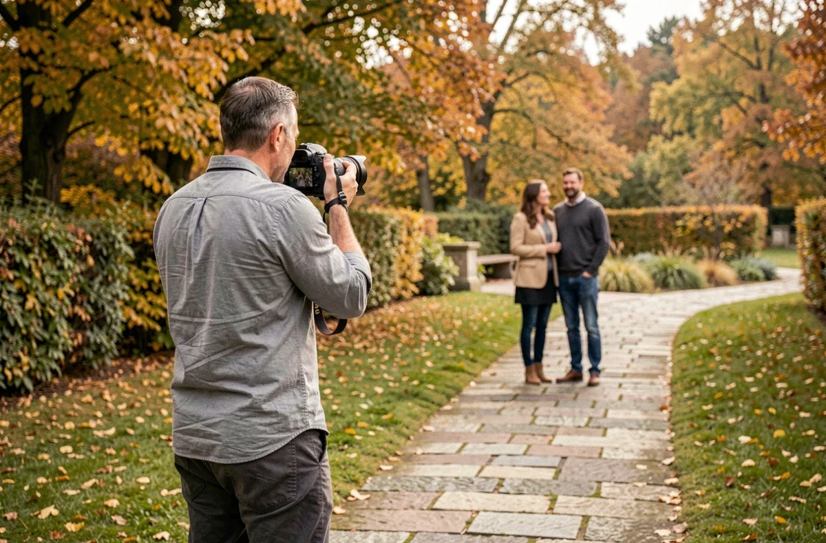 Photographe de couple travaillant en extérieur dans un parc vosgien près d'Épinal, session photo en plein air à l'automne