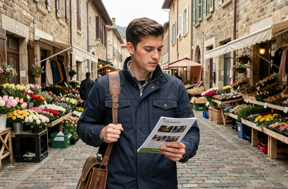 Photographe indépendant explorant le marché de Villefranche-sur-Saône avec une brochure de tarifs