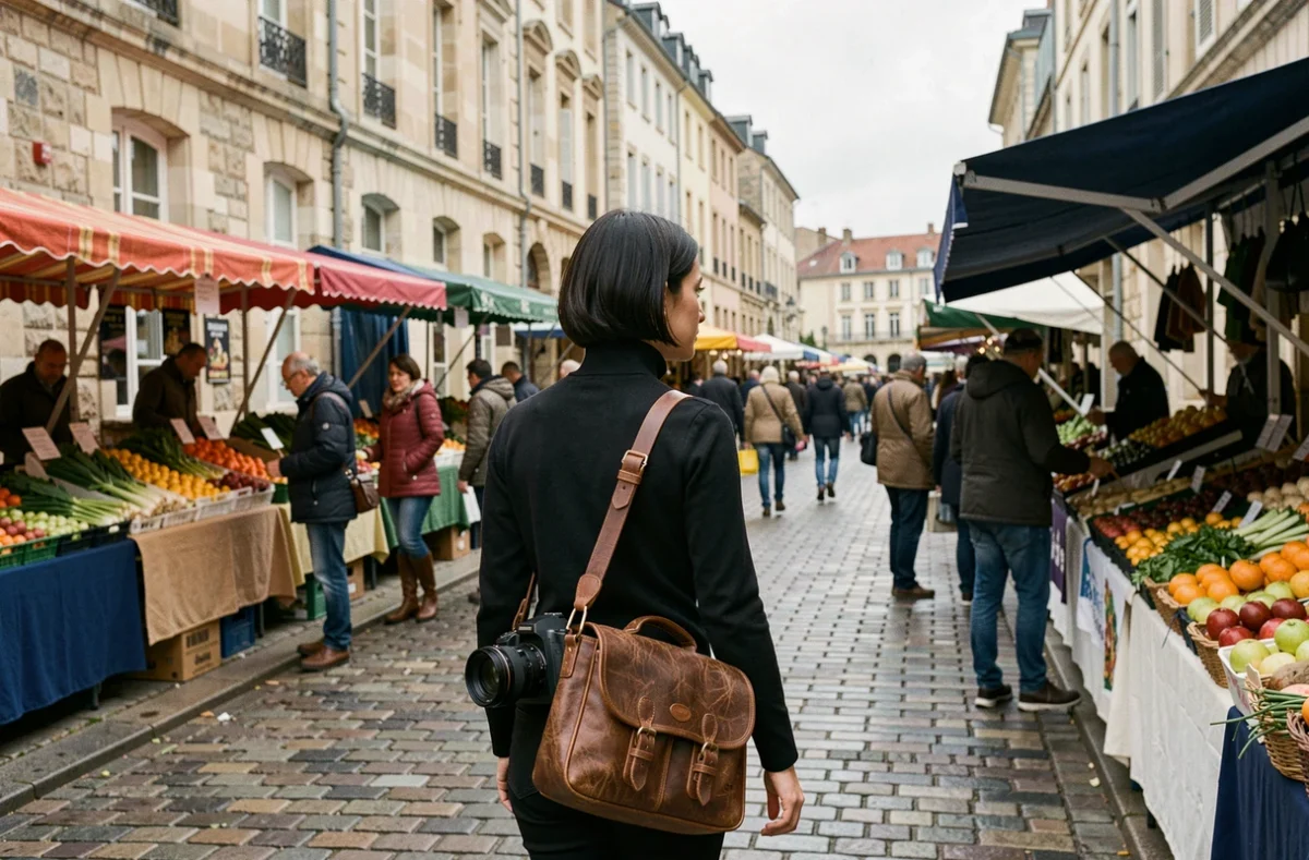 Photographe se déplaçant au marché de Mâcon avec son matériel photo professionnel