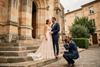 Photographe de mariage capturant les mariés devant une église historique à Mâcon en Bourgogne
