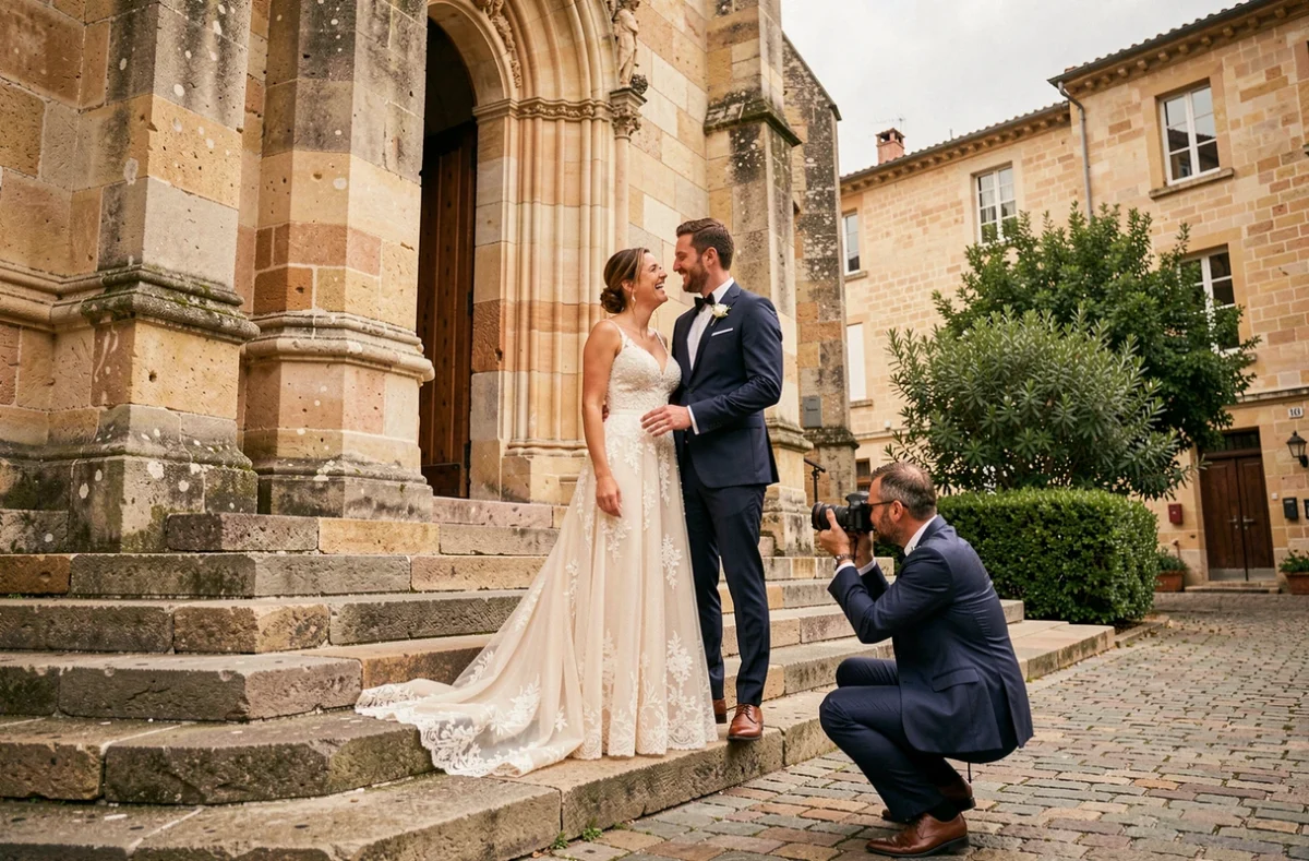 Photographe de mariage capturant les mariés devant une église historique à Mâcon en Bourgogne