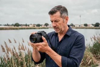 Photographe professionnel à Istres tenant un appareil photo reflex devant l'Étang de Berre