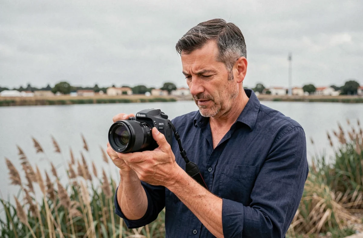 Photographe professionnel à Istres tenant un appareil photo reflex devant l'Étang de Berre