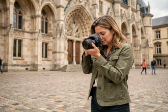 Photographe professionnelle réglant son appareil photo devant le Palais Jacques-Cœur à Bourges