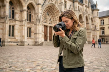 Photographe professionnelle réglant son appareil photo devant le Palais Jacques-Cœur à Bourges