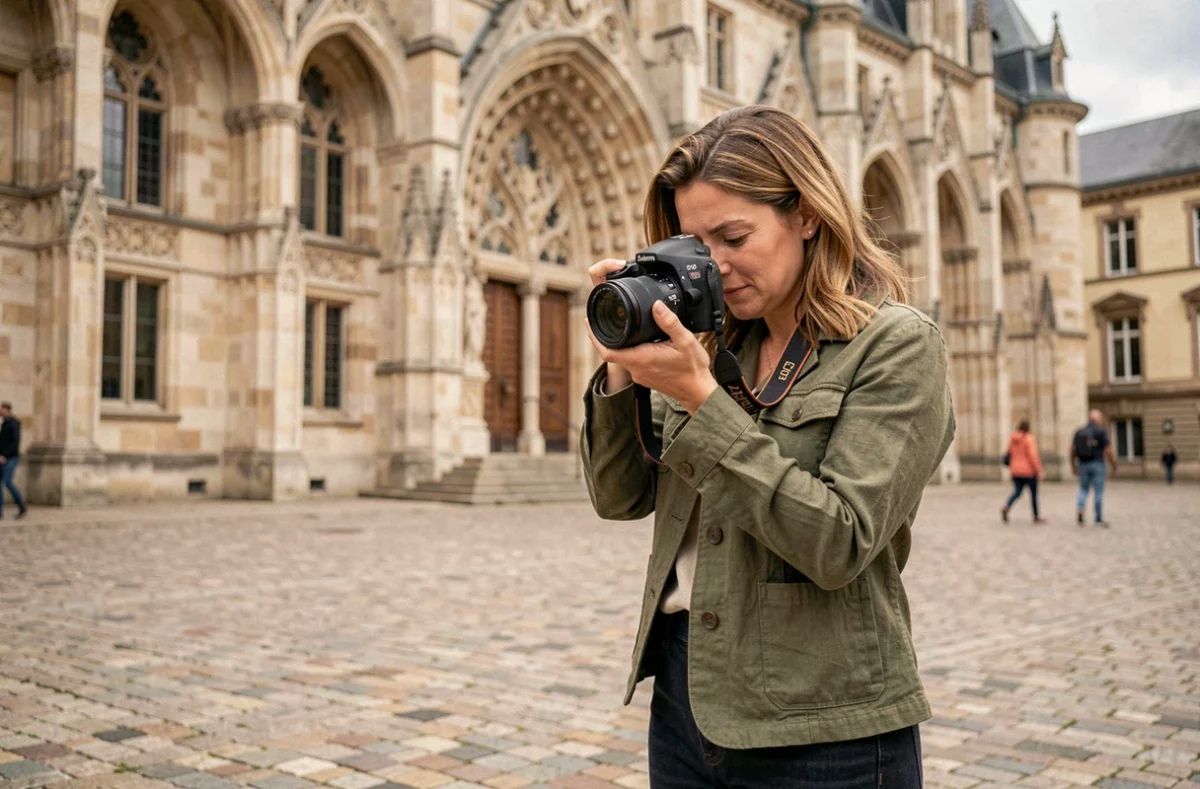 Photographe professionnelle réglant son appareil photo devant le Palais Jacques-Cœur à Bourges